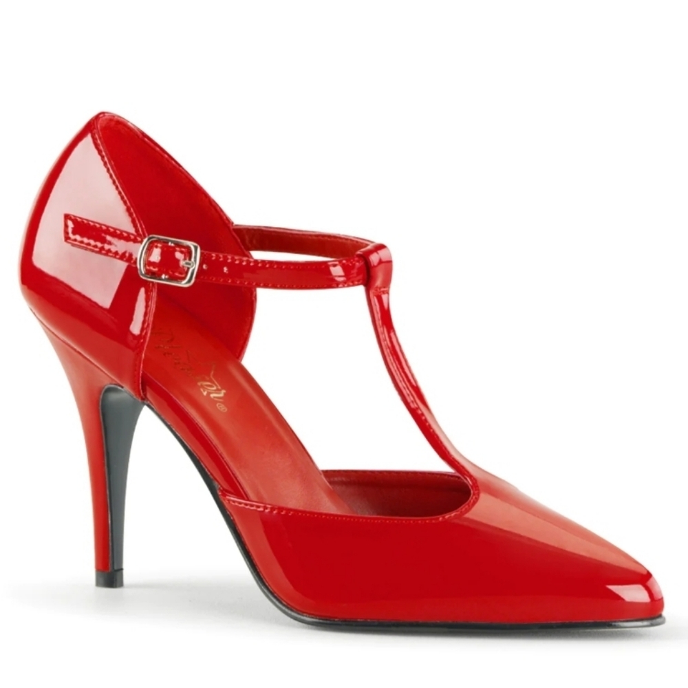 NEW Pleaser Vanity-415 1920 T-Strap D'Orsay Style Pump Vegan Glossy PU Red 7